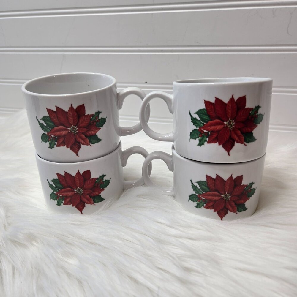 Vintage Set of (6) Hallmark Poinsettia & Holly Formal Dinner Cups Mugs - Picture 3 of 8